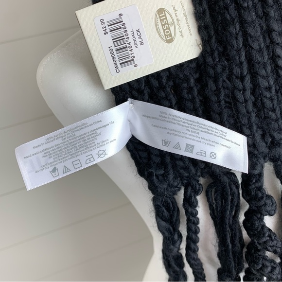 Fossil Scarf Kendall Cableknit Black with Tassels 5” Wide by 64” Long - Picture 7 of 11